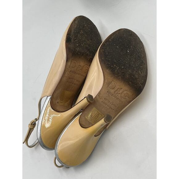 DOLCE & GABBANA D&G Patent Leather Beige Sling Back Heels Sz 36.5/6 US Peep Toe - Picture 7 of 15